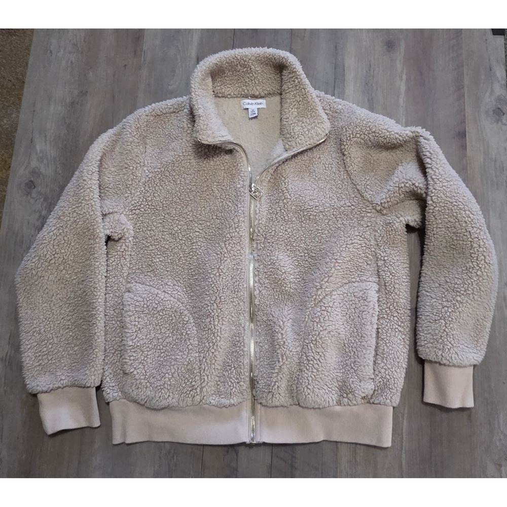 Calvin Klein Tan Sherpa Fleece Gold Full Zip Designer Jacket Women M